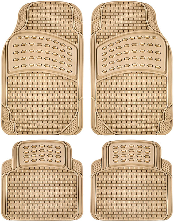 OxGord 4pc Rubber Floor Mats Universal Fit Front Driver and Passenger Seats and Rear - Car SUV Van and Truck - Brick Style - Beige