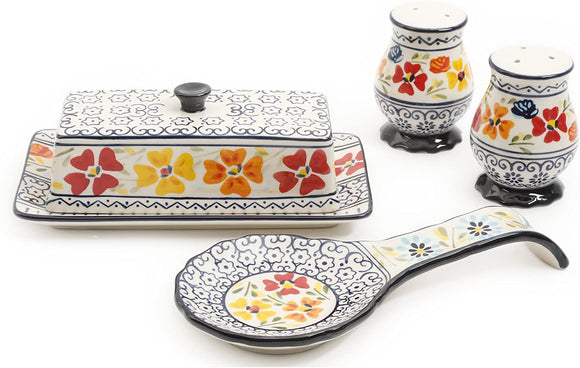 Gibson Elite 92997.04R Luxembourg Handpainted Butter Dish, Spoonrest, Salt And Pepper Accessories Set, Blue and Cream with Floral Designs