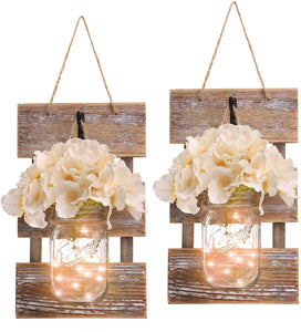 HOMKO Mason Jar Wall Decor with 6-Hour Timer LED Lights and Flowers - Rustic Home Decor (Set of 2)