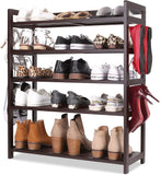 Homfa Bamboo Shoe Shelf Storage Organizer 5-Tier with 12 Hanging Bar Entryway Shoe Rack, Home Shelf Storage Cabinet for Shoes, Books and Flowerpots Dark Brown