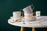 Euro Style Cup& Saucer Set ，6.8oz Bone China Ceramic Beautifulblue Matte Glazed with Saucers & Spoon, Mug with Golden Handle, for Cappuccino, Dessert, Latte, Mocha,Espresso, Modern Design。 (blue)