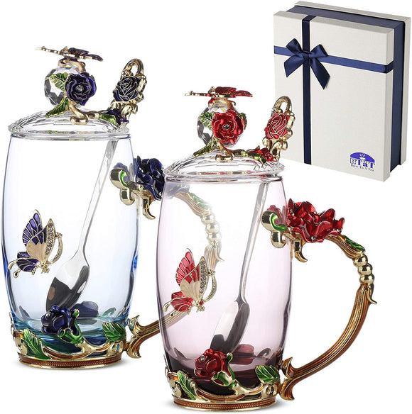 BTaT- Tea Cups with Lids, Pack of 2, Glass Tea Cup, Fancy Tea Cups, Gifts for Women, Tea Mugs for Women