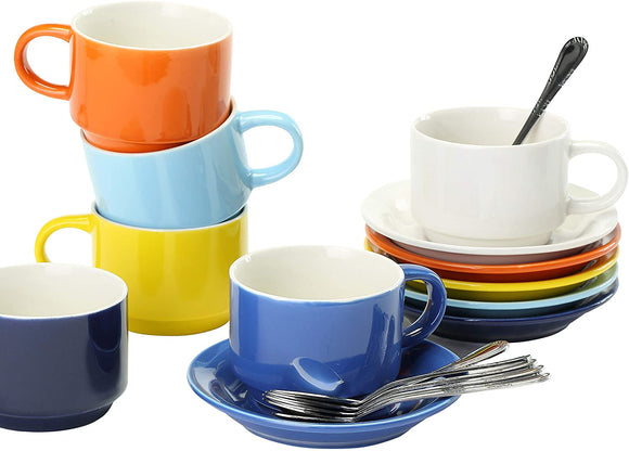 JULKYA STACKABLE MULTICOLORED ESPRESSO CUPS SET OF 6 – WITH SAUCERS AND SPOONS +BONUS STAND, LIGHTWEIGHT REUSABLE DRINKING MUGS FOR COFFEE, LATTE CAPPUCCINO, CAFÉ MOCHA OR TEA 4 OZ PORCELAIN DEMITASSE