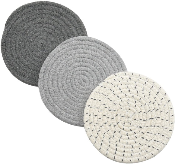 Potholders Set Trivets Set 100% Pure Cotton Thread Weave Hot Pot Holders Set (Set of 3) Stylish Coasters, Hot Pads, Hot Mats,Spoon Rest For Cooking and Baking by Diameter 7 Inches (Gray)