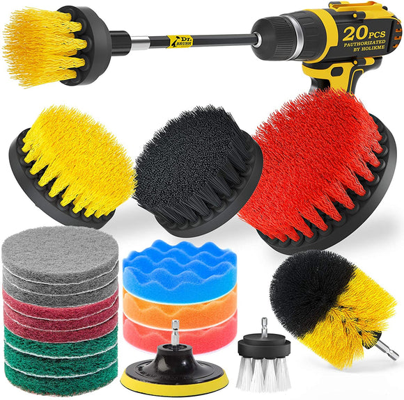 20Piece Drill Brush Attachments Set, Scrub Pads & Sponge,Buffing Pads，Power Scrubber Brush with Extend Long Attachment，Car Polishing Pad Kit