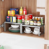 AIYAKA Expandable Stackable Cabinet and Counter Shelf Organizer,Suitable for Kitchen Storage Room Bathroom Bedroom Office Desk Table,Silver