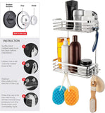 HASKO accessories Suction Cup Shower Caddy, Bath Shelf with Hooks, 2 Tier Wall Mounted Basket for Bathroom and Kitchen Storage, Adhesive 3M Stick Discs Included (Polished Stainless Steel SS304)