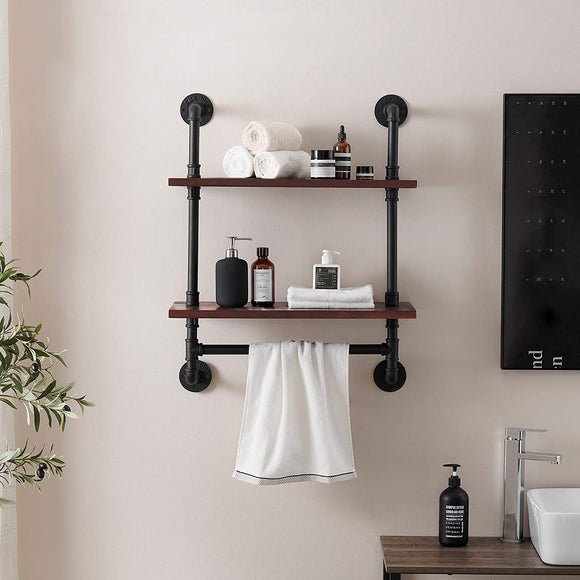 Ivinta Industrial Pipe Bathroom Wall Shelf, Rustic Wall Mounted Storage Shelves with Towel Bar for Bathroom Kitchen, Wall Organizer Towel Racks Over Toilet, 24