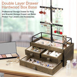 Jewelry Organizer Tower with Double-Layer Wooden Drawer Storage Box - 3 Tier Jewelry Stand for Necklaces, Bracelet, Earrings & Ring Jewelry Tree Jewelry Stand Organizer Metal & Wood