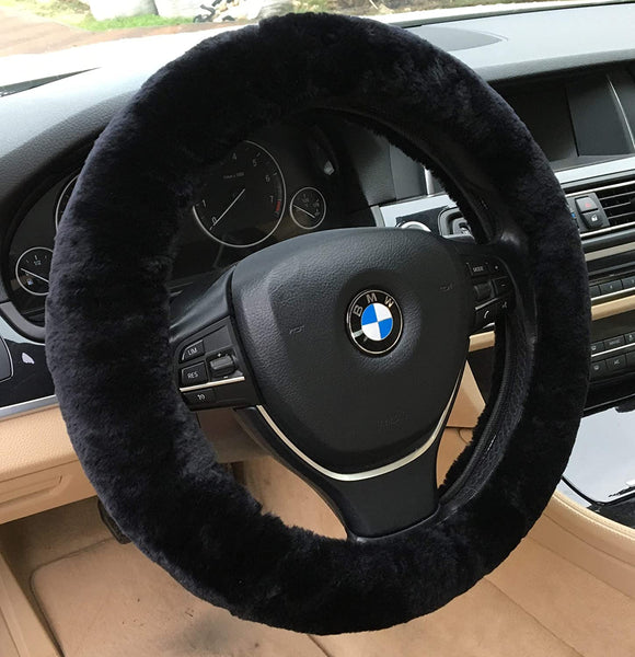 Car Steering Wheel Cover, Fluffy Pure Australia Sheepskin Wool, Universal 15 inch (Black)