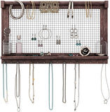 Rustic Jewelry Organizer – Wall Mounted Jewelry Holder with Removable Bracelet Rod, Shelf and 16 Hooks – Perfect Earrings, Necklaces and Bracelets Holder – Vintage Jewelry Display – Dark Brown