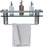 GeekDigg Bathroom Shelf, Tempered Glass Floating Shelves Wall Mounted Storage Shelves with Towel Bar (1 Tier) - Not Brushed Nickel