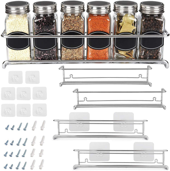 Spice Rack Organizer For Cabinet Door| Kitchen Pantry Organization And Storage | Set of 4 Chrome Tiered Hanging Shelf for Spice Jars and Seasonings | Door Mount, Wall Mounted, Under Sink Shelves