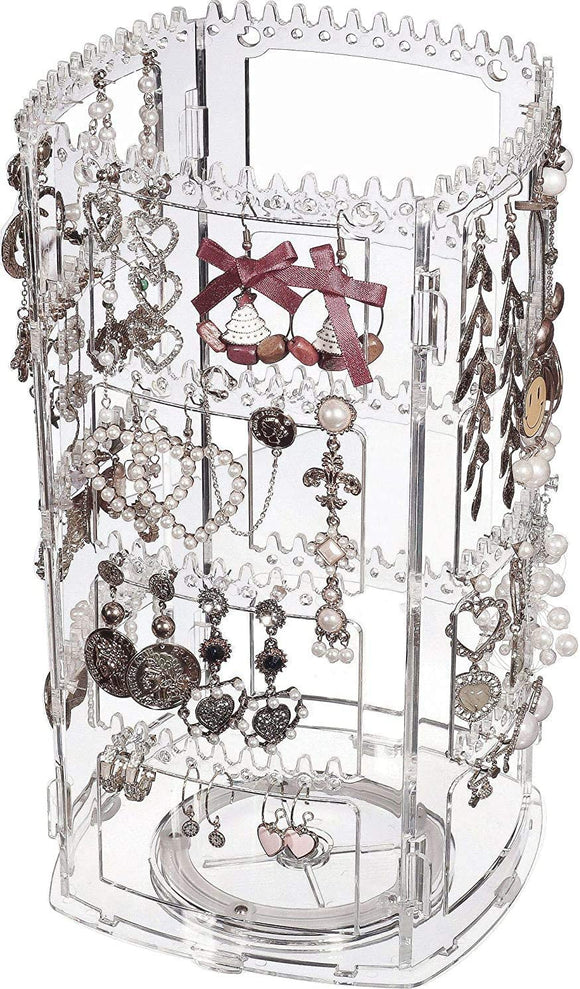 Cq acrylic 360 Rotating Earrings Holder and Jewelry Display Rack,4 Tiers Jewelry Rack Display Classic Stand,156 Holes For Dangle Earrings Organizer and 160 Grooves for Necklaces Display,Clear Pack of 1