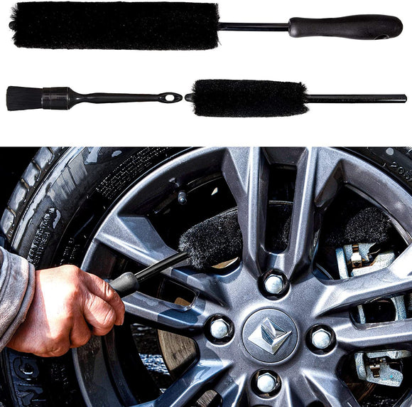 3 Pack Black Wheel Woolie Cleaning Brushes Kit - 1 x Long Synthetic Wool Car Wheel Brush and 1x Small Wooly Tire Brush,1x Car Detailing Brush,Tire Woolies，Car Washing Tools