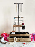 Jewelry Organizer Stand Display Tree - Earring Stand Holder Necklace Organizer - Metal Wood Jewelry Tower for Rings Bracelets Watches - Countertop 3 Tier Jewelry Stand with Black Velvet Storage Drawer