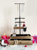 Jewelry Organizer Stand Display Tree - Earring Stand Holder Necklace Organizer - Metal Wood Jewelry Tower for Rings Bracelets Watches - Countertop 3 Tier Jewelry Stand with Black Velvet Storage Drawer