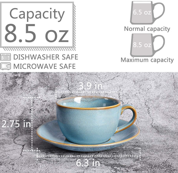 Bosmarlin Ceramic Coffee Cup Mug with Saucer Set of 2 for Latte, Cappuccino, Tea, 8.5 Oz, Dishwasher and Microwave Safe(Lake blue, 2)
