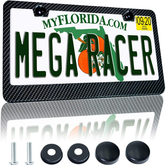 Mega Racer Carbon Fiber License Plate Frame - Black Aluminum Metal with 3K 2x2 Twill Carbon Fiber Printed Pattern - 2 Hole with Screws Kit Clear Coat UV Protection Waterproof Car Wash Safe, 1 Piece
