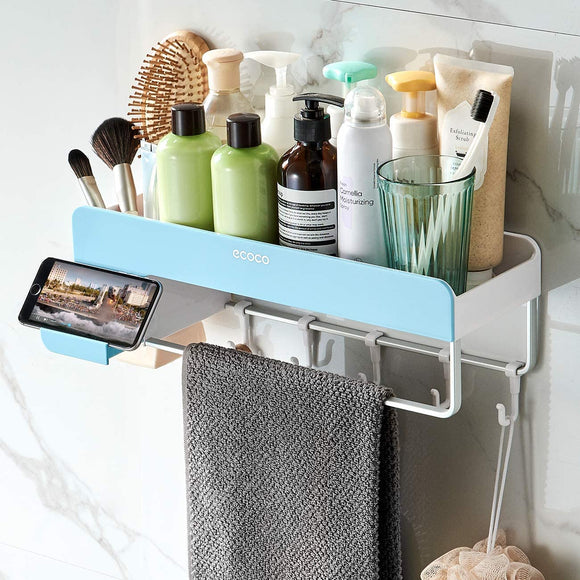 Adhesive Bathroom Shelf with Towel Bar, Volpone Stick on Bathroom Kitchen Storage Organizer with Hooks, Suction Shower Shelf Wall Caddy with Phone Holder No Drilling(Blue)