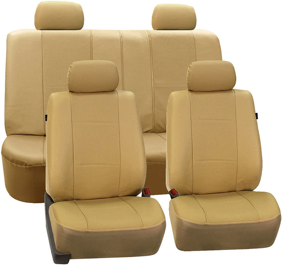 FH Group PU007114 Deluxe Leatherette Full Set Car Seat Covers, Airbag Compatible & Split Rear, Solid Beige Color- Fit Most Car, Truck, SUV, or Van