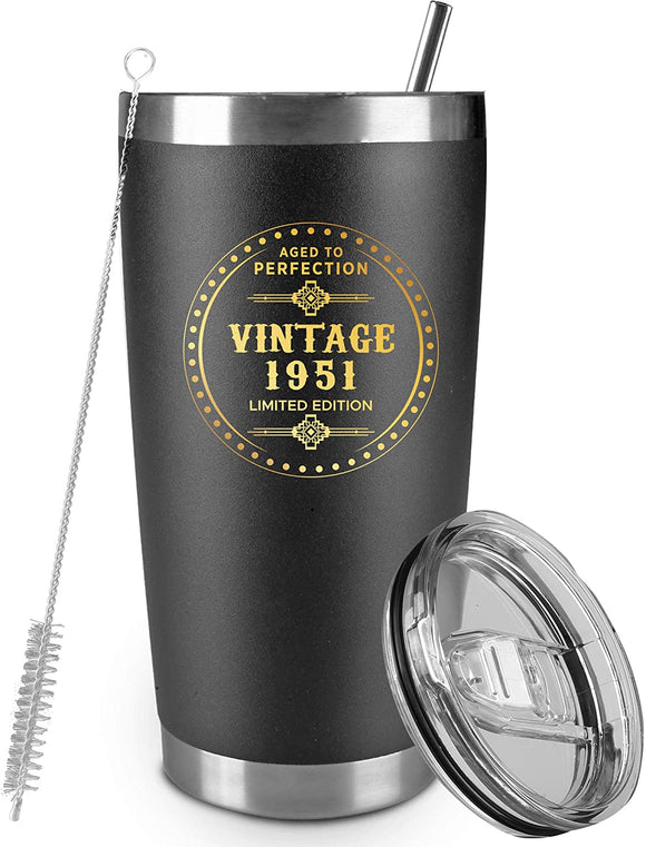 70th birthday gifts for dad mom, Double Wall Vacuum Insulated tumbler, Men 70th Birthday Gift Ideas, 1951 Birthday Gifts for Men, 70 year old gifts for women (20 oz, Black)