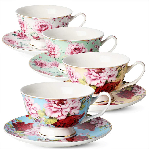 BTaT- Tea Cups, Tea Cups and Saucers Set of 4, Tea Set, Floral Tea Cups (8oz), Tea Cups and Saucers Set, Tea Set, Porcelain Tea Cups, Tea Cups for Tea Party, Rose Teacups, China Tea Cups (Bone China)