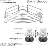 HASKO accessories Corner Shower Caddy with Suction Cup, Shower Shelf with Hooks, Wall Mounted Shower Basket for Bathroom, Adhesive 3M Stick Discs Included (Polished Stainless Steel SS304)