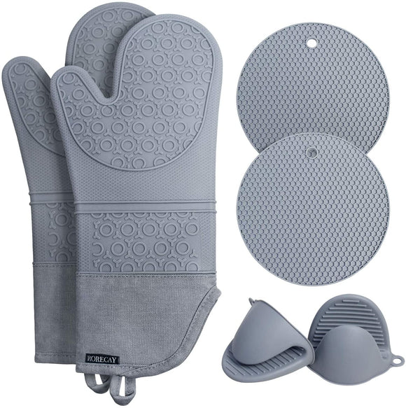 Rorecay Extra Long Oven Mitts and Pot Holders Sets: Heat Resistant Silicone Oven Mittens with Mini Oven Gloves and Hot Pads Potholders for Kitchen Baking Cooking, Quilted Liner, Gray, Pack of 6