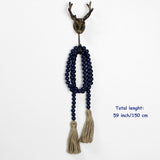CVHOMEDECO. Wood Beads Garland with Tassels Farmhouse Rustic Wooden Prayer Bead String Wall Hanging Accent for Home Festival Decor. Navy Blue