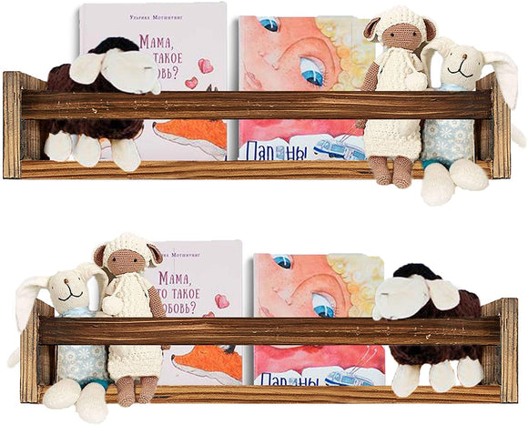 Cocomong Wood Floating Nursery Shelves Set of 2, Book Shelf Organizer for Kids, Wall Mounted Farmhouse Floating Bookshelves, Decorative Hanging Shelf for Baby Nursery Room Decor, Brown