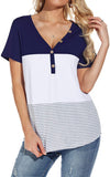 Women's Casual Short Sleeve Round Neck Triple Color Block Stripe T-Shirt Blouse Tops