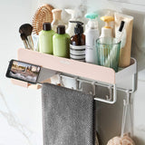 Adhesive Bathroom Shelf with Towel Bar, Volpone Stick on Bathroom Kitchen Storage Organizer with Hooks, Suction Shower Shelf Wall Caddy with Phone Holder No Drilling(Blue)