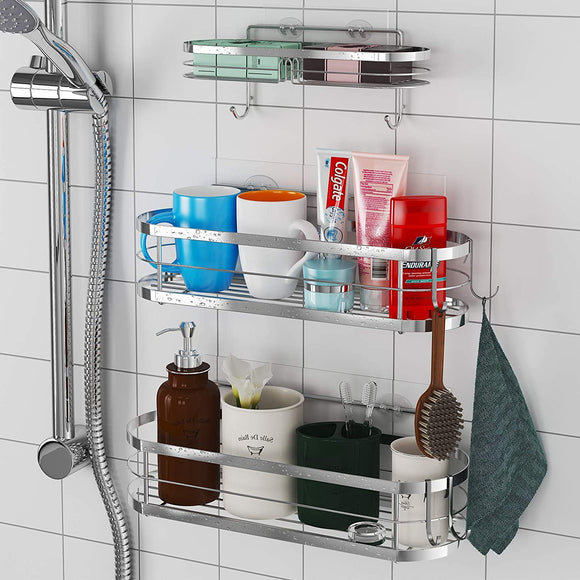 STEUGO Shower Caddy Basket Soap Dish Holder Round, Adhesive Bathroom Shelf, Wall Mounted Shower Shelf, Rustproof Kitchen Storage Organizers 4 Removable Hooks for Shampoo, Conditioner, 3 Pack