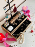 Jewelry Organizer Stand Display Tree - Earring Stand Holder Necklace Organizer - Metal Wood Jewelry Tower for Rings Bracelets Watches - Countertop 3 Tier Jewelry Stand with Black Velvet Storage Drawer