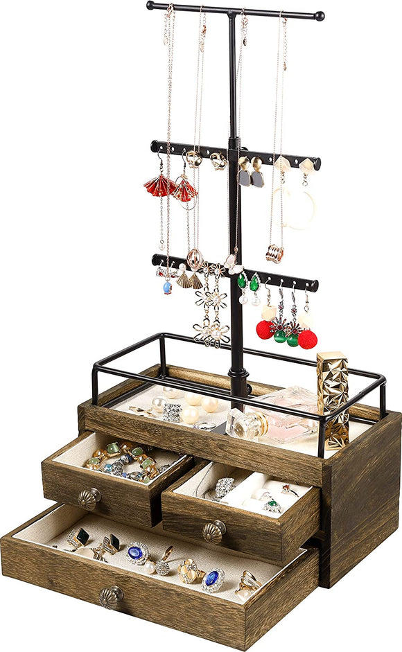 Jewelry Organizer Tower with Double-Layer Wooden Drawer Storage Box - 3 Tier Jewelry Stand for Necklaces, Bracelet, Earrings & Ring Jewelry Tree Jewelry Stand Organizer Metal & Wood