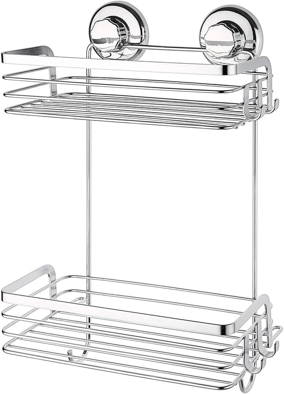 HASKO accessories Suction Cup Shower Caddy, Bath Shelf with Hooks, 2 Tier Wall Mounted Basket for Bathroom and Kitchen Storage, Adhesive 3M Stick Discs Included (Polished Stainless Steel SS304)