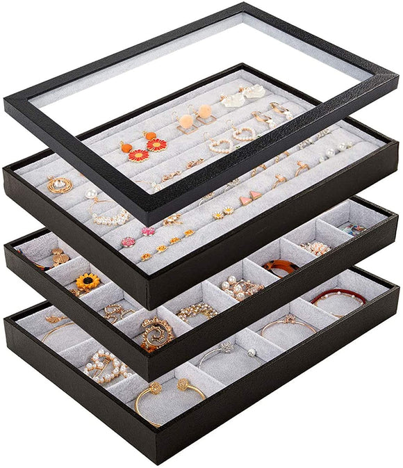 Mebbay Stackable Velvet Jewelry Trays Organizer Set with Clear Lid, Jewelry Storage Display Trays with Full Artificial Leather Cover for Drawer, Earring Necklace Bracelet Ring Organizer - Set of 4