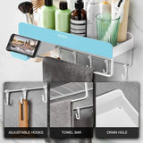 Adhesive Bathroom Shelf with Towel Bar, Volpone Stick on Bathroom Kitchen Storage Organizer with Hooks, Suction Shower Shelf Wall Caddy with Phone Holder No Drilling(Blue)