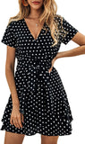 Womens Dresses V Neck Polka Dot Ruffles Mini Sexy Dress Short Sleeve Summer Dresses with Belt