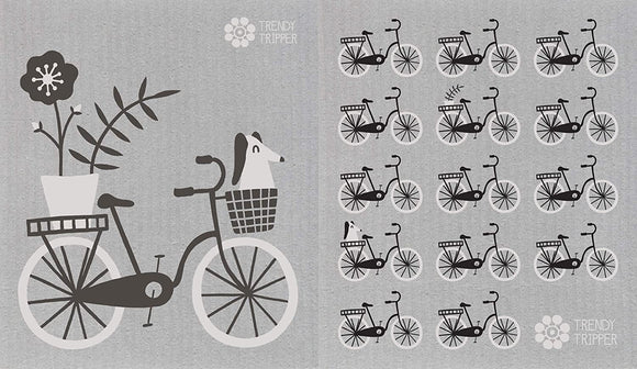 Trendy Tripper Swedish Dishcloth/Sponge Cloth, Mid-Century Modern Design: Set of 2 Bike + Bicycles Black + White (Black + White on Grey)