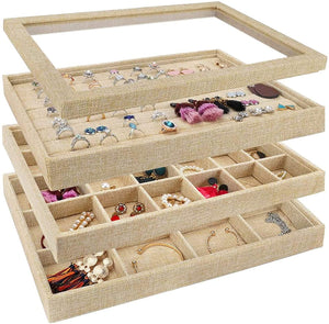 Mebbay Sackcloth Stackable Jewelry Trays Organizer Set with Clear Lid, Jewelry Storage Display Trays for Drawer, Earring Necklace Bracelet Ring Organizer - Set of 4 (Grey-Black)