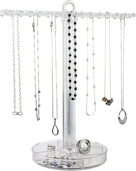 Clear Plastic Necklace Holder with 30 Individual Pegs and Divided Jewelry Tray