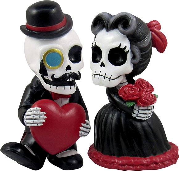 DWK - Sir Coffinswood & Lady Casket - Adorable Hand-Painted Skeleton Couple Collectible 2-Piece Figurine Set Victorian Gothic Lovers Halloween Decorations Romantic Gift Home Decor Accent, 5.5-inch