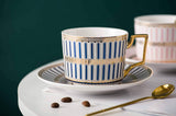 Euro Style Cup& Saucer Set ，6.8oz Bone China Ceramic Beautifulblue Matte Glazed with Saucers & Spoon, Mug with Golden Handle, for Cappuccino, Dessert, Latte, Mocha,Espresso, Modern Design。 (blue)