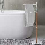 MyGift 40-Inch Freestanding Metal 3-Swivel Arm Bathroom Towel Holder Storage Rack with Wood Grain Design