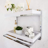 Danya B. HA80582 Bathroom Accessories and Décor – Wall Mount 2-Tier Chrome Shelving Unit with Towel Rack and White Removable Trays