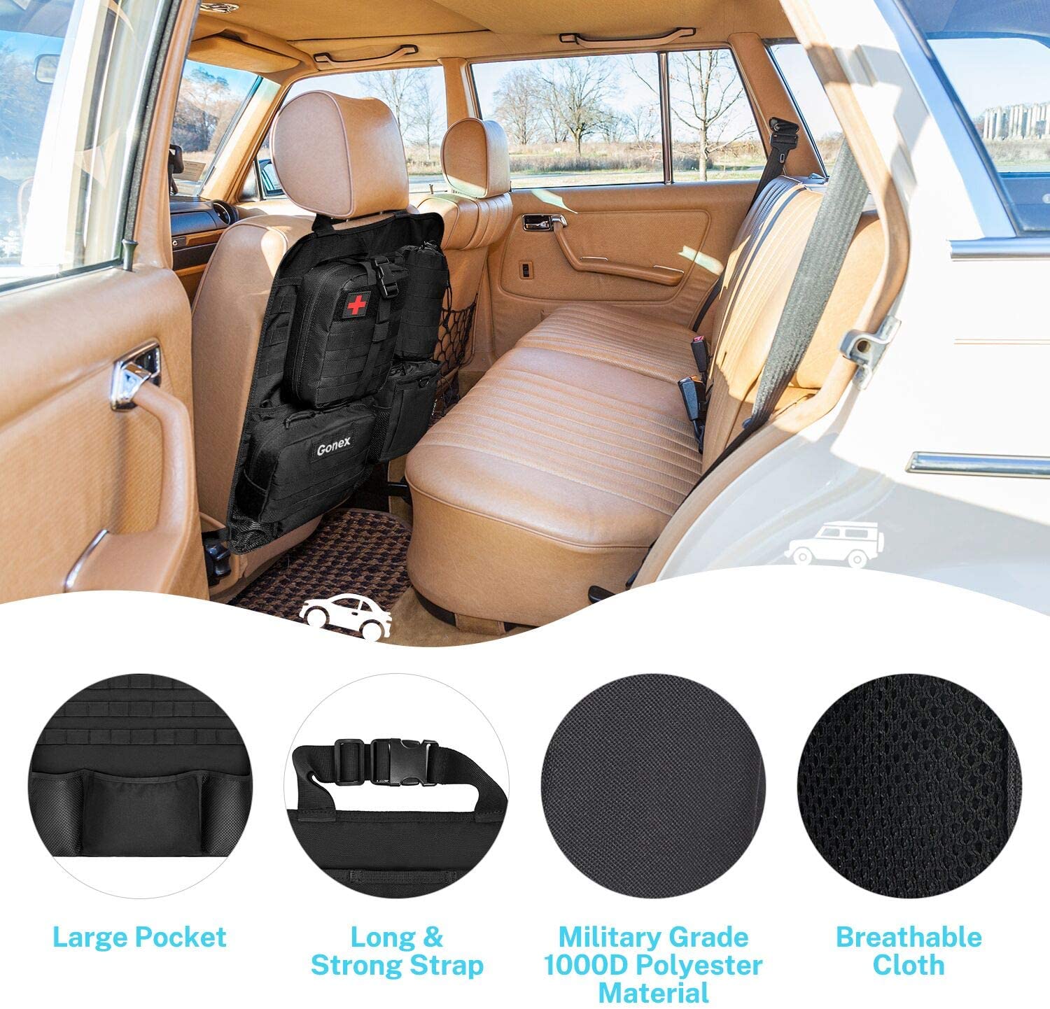 Universal Tactical Vehicle Back Seat Organizer with 5 Detachable Pouches -  Medical, Phone, and Admin Storage Bags with Multi-Pockets