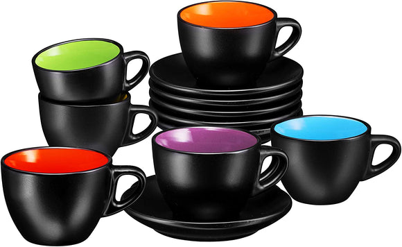 Espresso Cups with Saucers by Bruntmor - 6 ounce - Set of 6, Matte Black