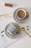 Euro Style Cup& Saucer Set ，6.8oz Bone China Ceramic Beautifulblue Matte Glazed with Saucers & Spoon, Mug with Golden Handle, for Cappuccino, Dessert, Latte, Mocha,Espresso, Modern Design。 (blue)